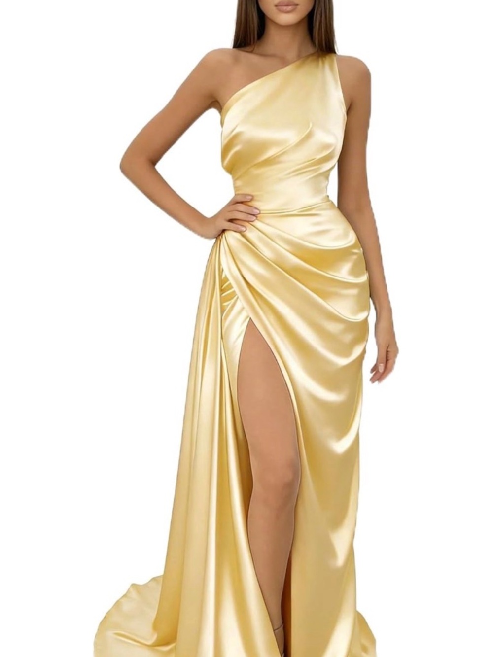One-Shoulder Satin Evening Gown in Pale Gold